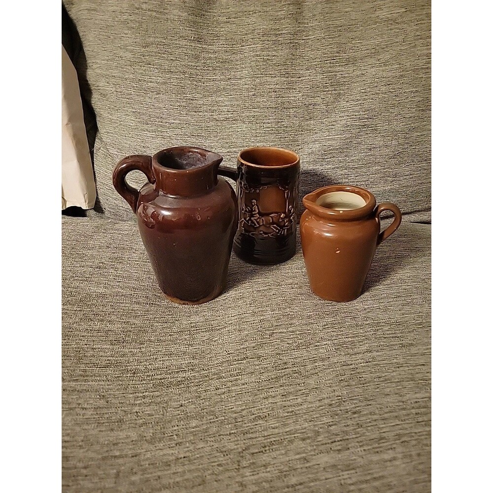 Vintage Brown Salt Glazed Cream Jugs & Fox Hunting Mug Stoneware England Tan